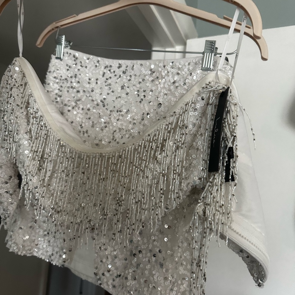 Lulu’s White Sequin and Fringe Crop Top